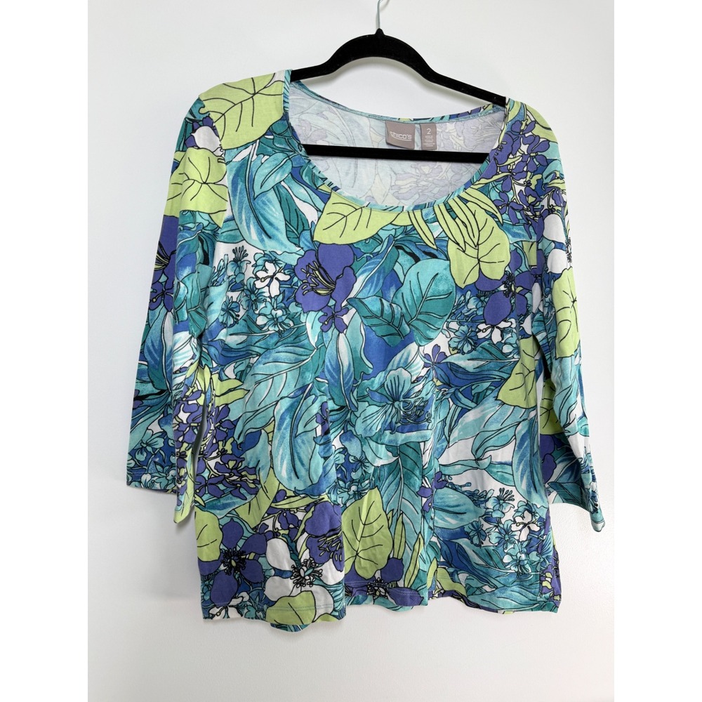 Chico's Floral Top Womens 2 Blue Green NWT 3/4 Sleeve Cotton Spandex Scoop Neck